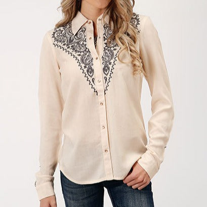 Chemise Western Vintage Femme - Roper Taille L - Gris Daim, Franges Et Broderie Classique