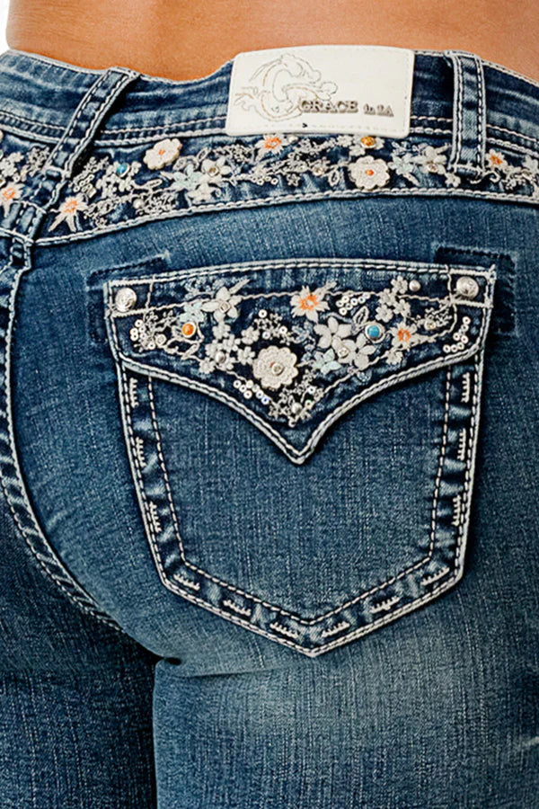 Jean Femme Grace In LA Bootcut Bleu Foncé - Taille 25 - Neuf Avec étiquette - Brodé Paillettes